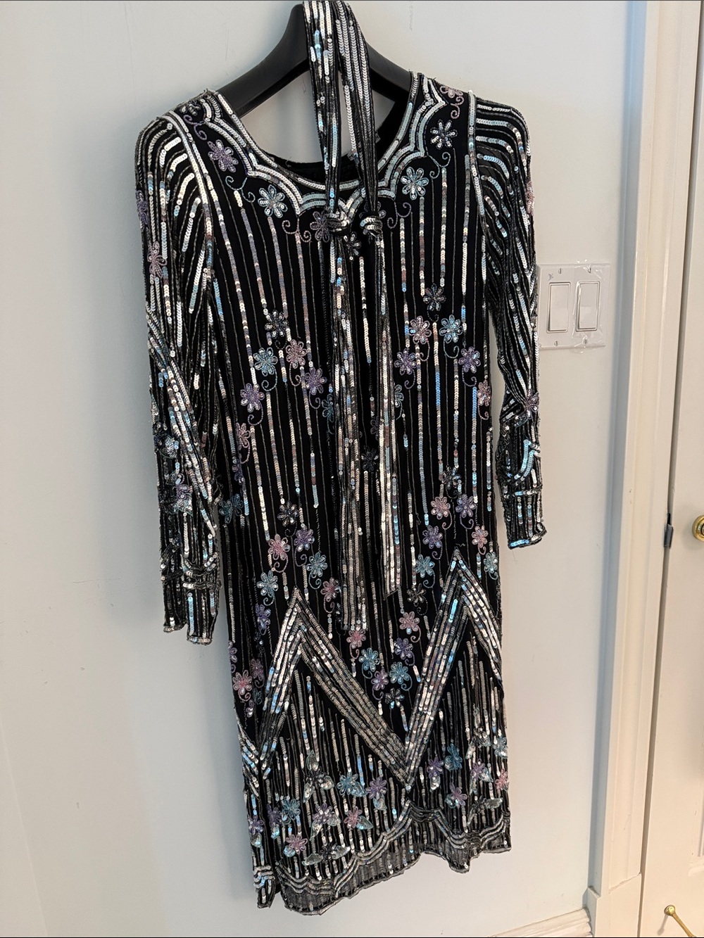 Vintage Black Sequined Floral Party Dress with Belt. The details are gorgeous.